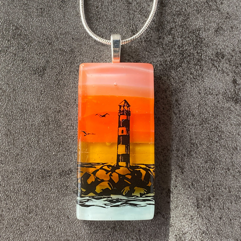 Guiding Light, Sunset Beach Fused Glass Necklace, pink and coral, silver