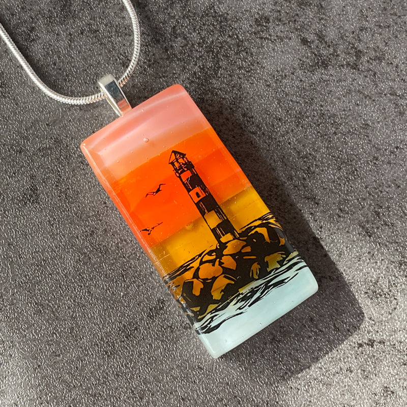 Guiding Light, Sunset Beach Fused Glass Necklace, pink and coral, silver