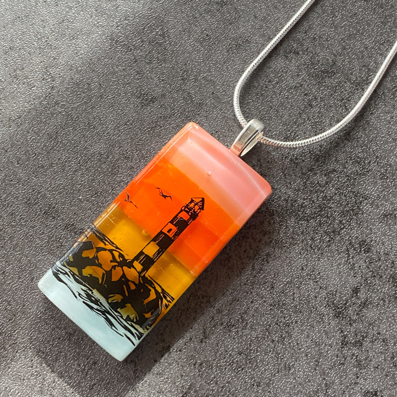 Guiding Light, Sunset Beach Fused Glass Necklace, pink and coral, silver