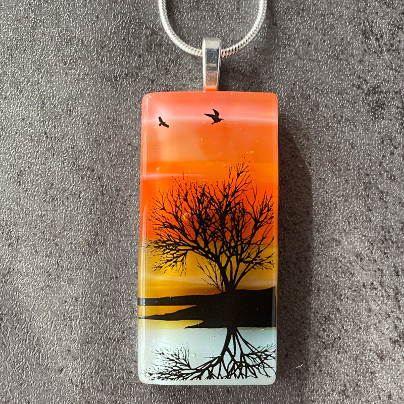 Sunset Reflections, Sunset Beach Fused Glass Necklace, pink and coral, silver