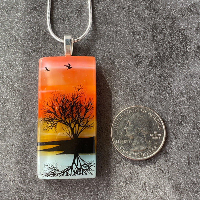 Sunset Reflections, Sunset Beach Fused Glass Necklace, pink and coral, silver