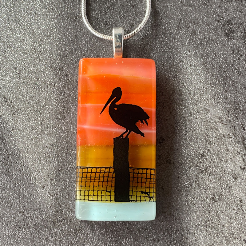 Shorebird Silhouette, Sunset Beach Fused Glass Necklace, pink and coral, silver