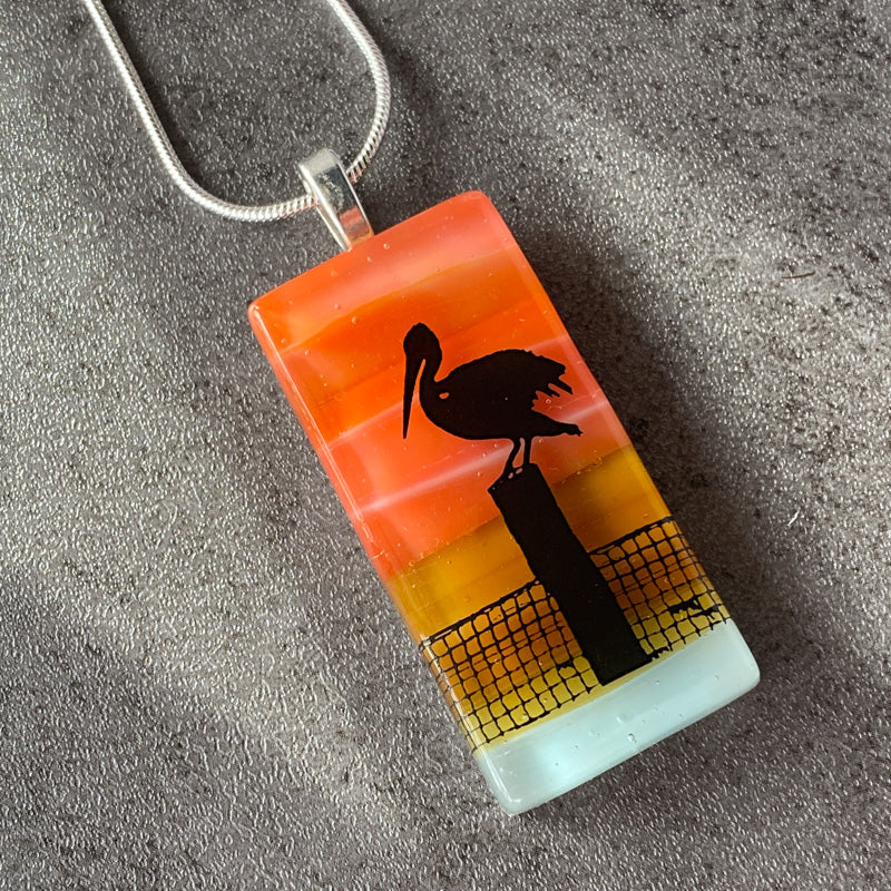Shorebird Silhouette, Sunset Beach Fused Glass Necklace, pink and coral, silver
