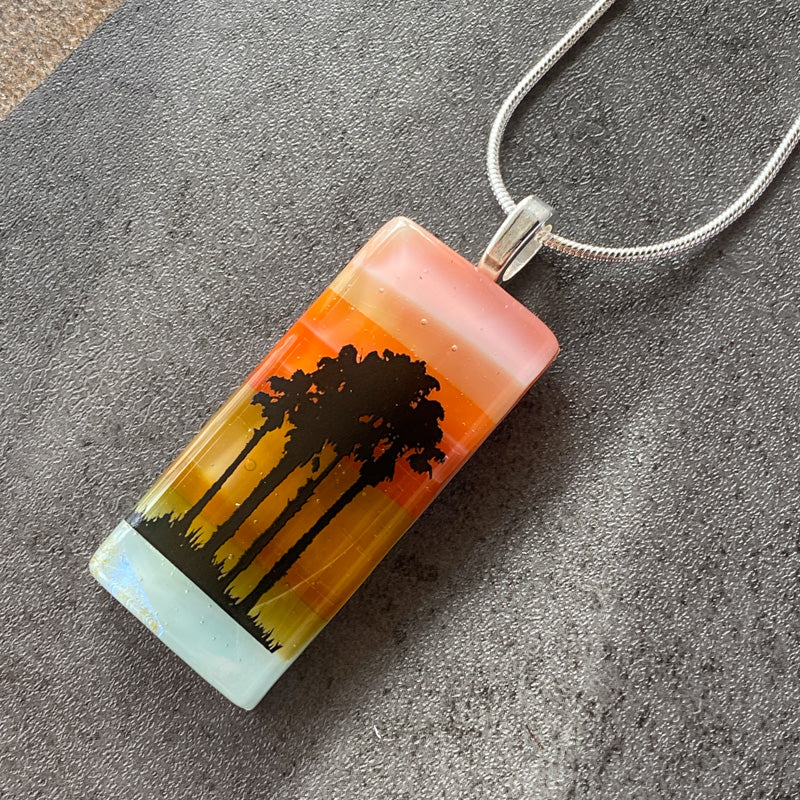 Palm Tree Paradise, Sunset Beach Fused Glass Necklace, pink and coral, silver