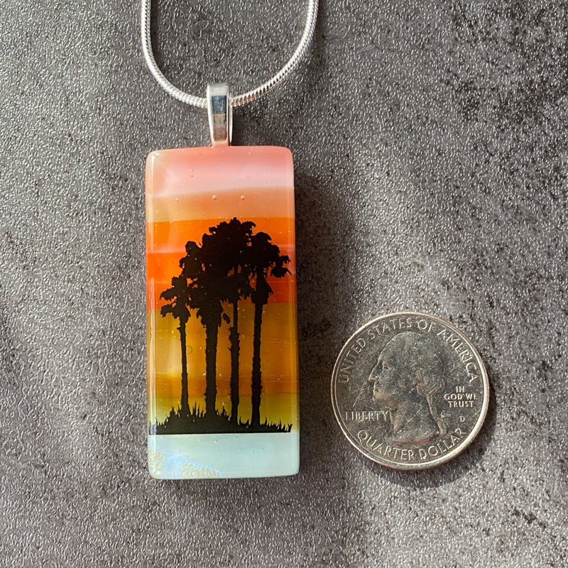 Palm Tree Paradise, Sunset Beach Fused Glass Necklace, pink and coral, silver