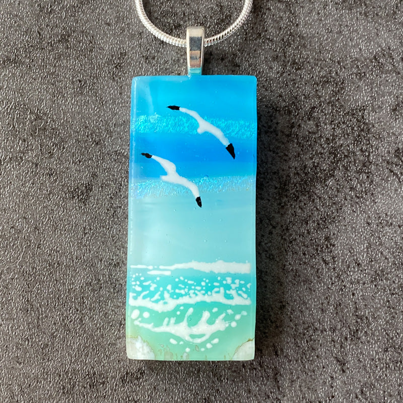 Crashing Waves, Sand & Sea Fused Glass Necklace, aqua blue, silver