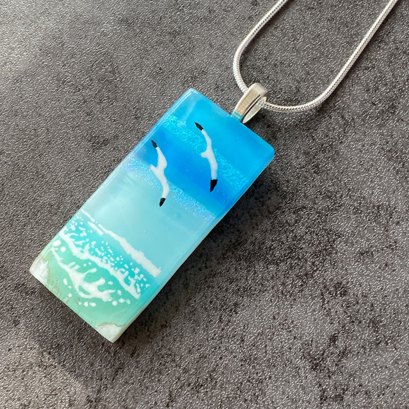 Crashing Waves, Sand & Sea Fused Glass Necklace, aqua blue, silver