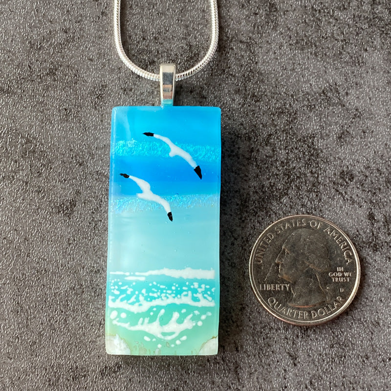 Crashing Waves, Sand & Sea Fused Glass Necklace, aqua blue, silver