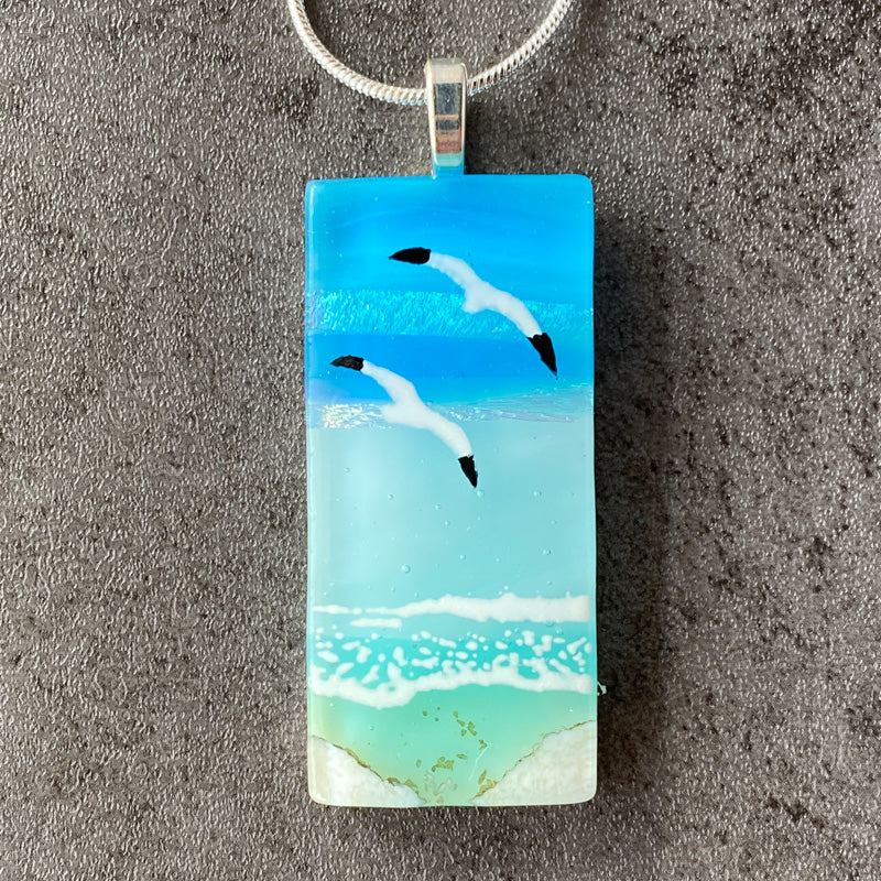 Summer Seagulls, Sand & Sea Fused Glass Necklace, aqua blue, silver