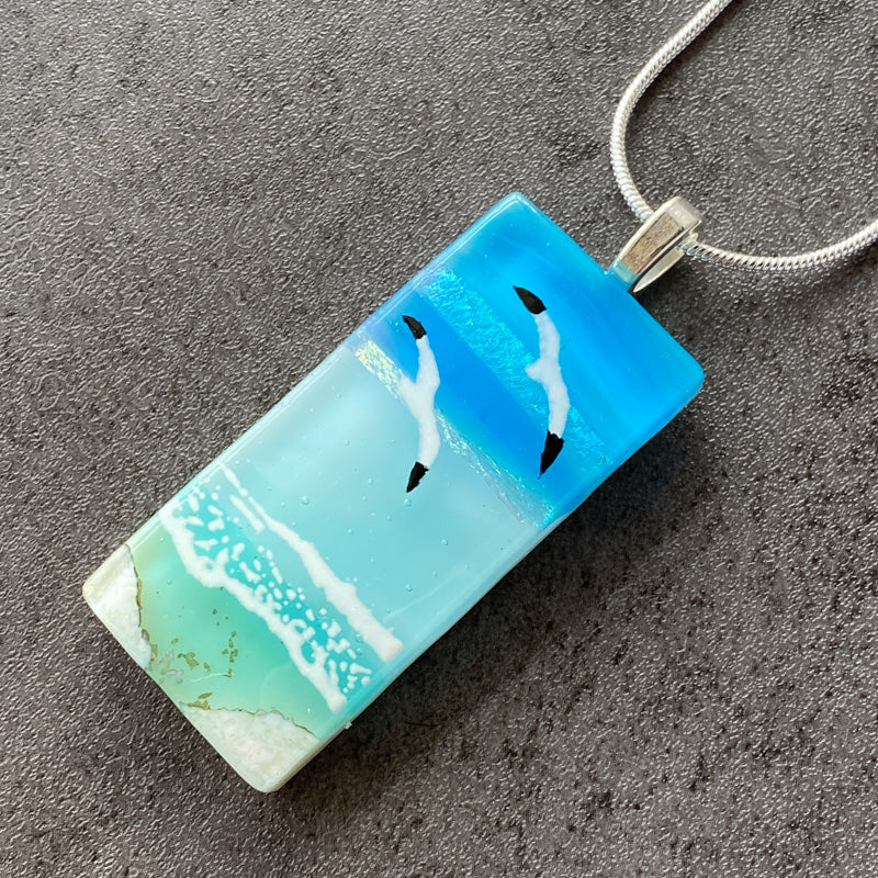 Summer Seagulls, Sand & Sea Fused Glass Necklace, aqua blue, silver