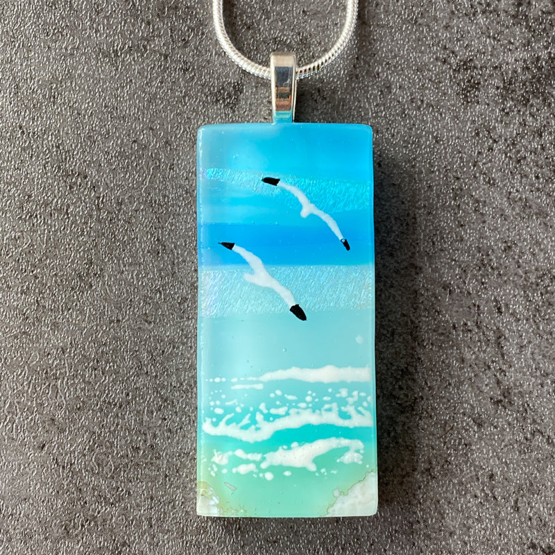 Sea Spray, Sand & Sea Fused Glass Necklace, aqua blue, silver