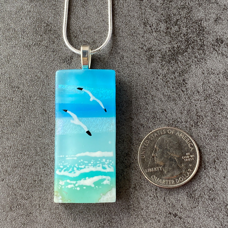 Sea Spray, Sand & Sea Fused Glass Necklace, aqua blue, silver