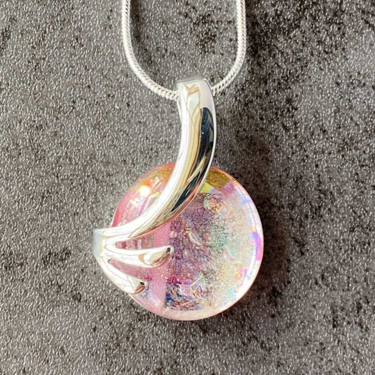 Pink Paradise, Pink Dichroic Glass Necklace, Silver