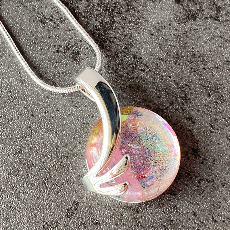 Pink Paradise, Pink Dichroic Glass Necklace, Silver