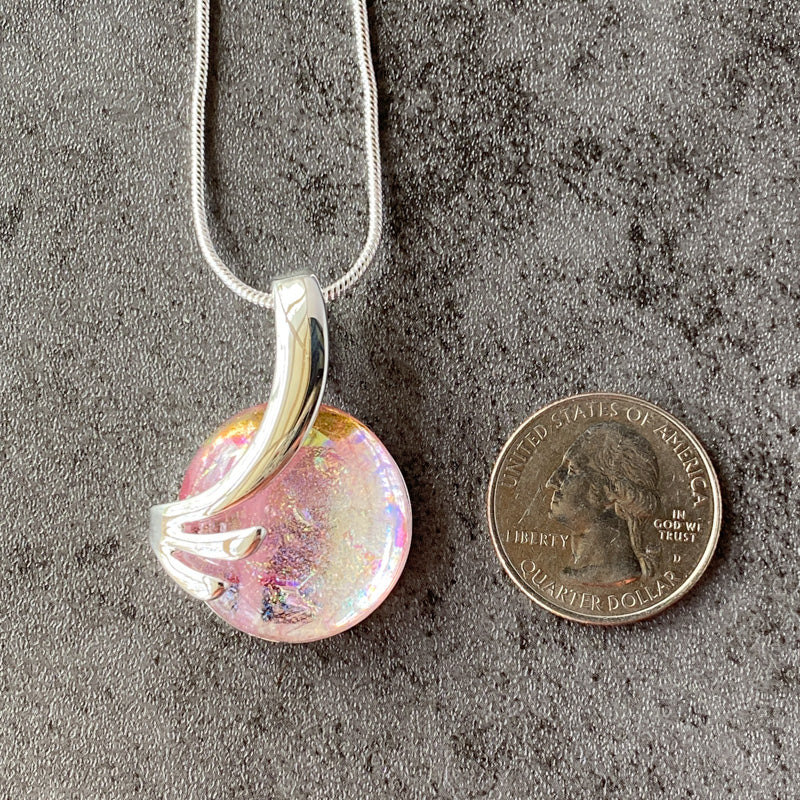 Pink Paradise, Pink Dichroic Glass Necklace, Silver