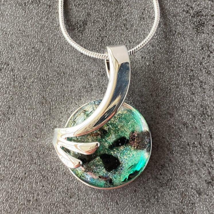Forest Fairy Magic, Green and Black Dichroic Glass Necklace, Silver
