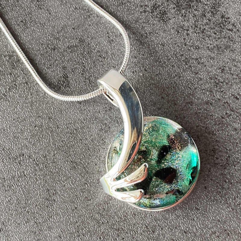 Forest Fairy Magic, Green and Black Dichroic Glass Necklace, Silver