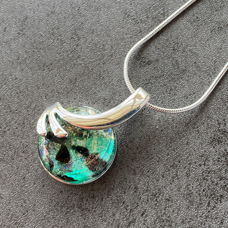 Forest Fairy Magic, Green and Black Dichroic Glass Necklace, Silver