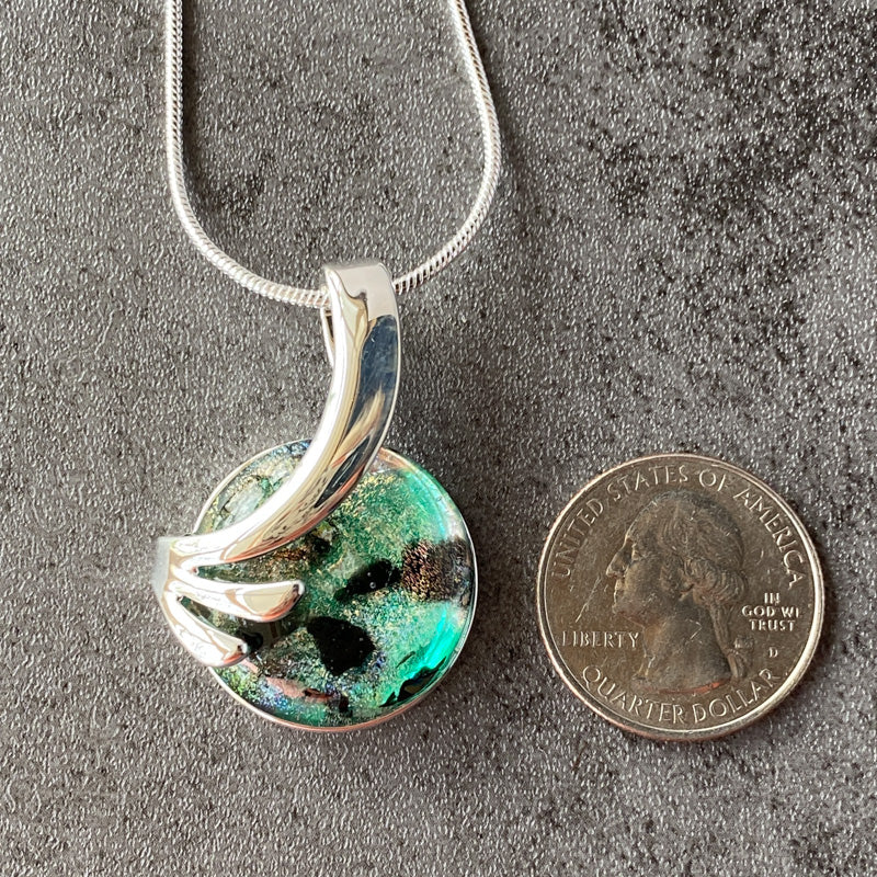 Forest Fairy Magic, Green and Black Dichroic Glass Necklace, Silver