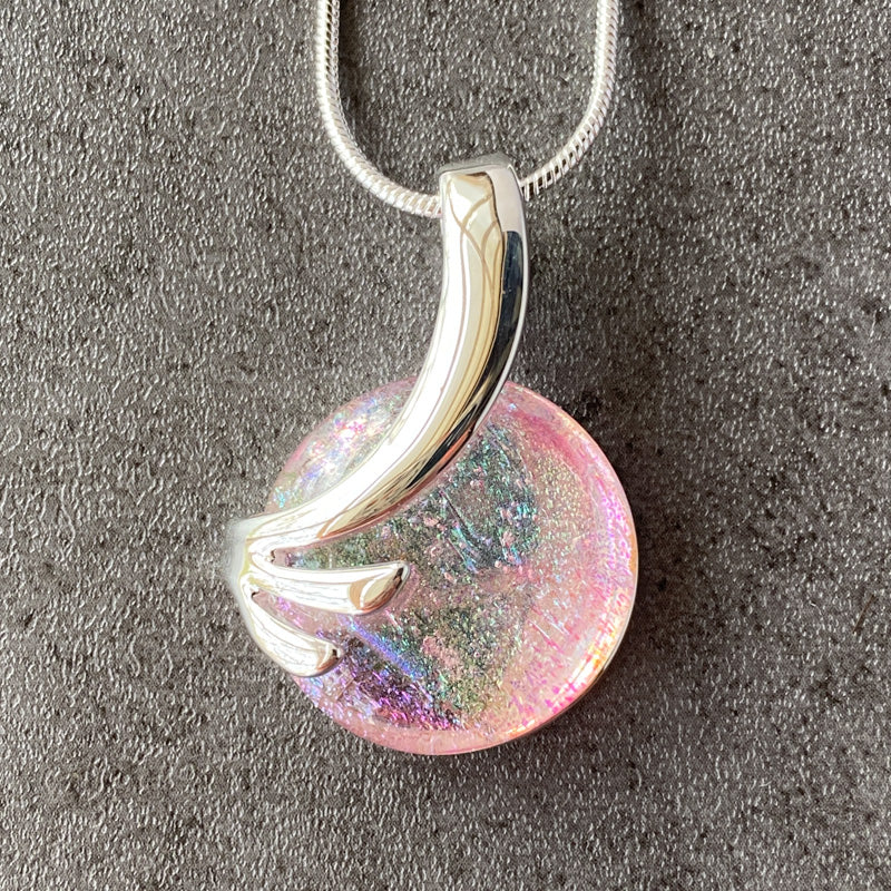 Sparkling Dust, Pink Dichroic Glass Necklace, Silver