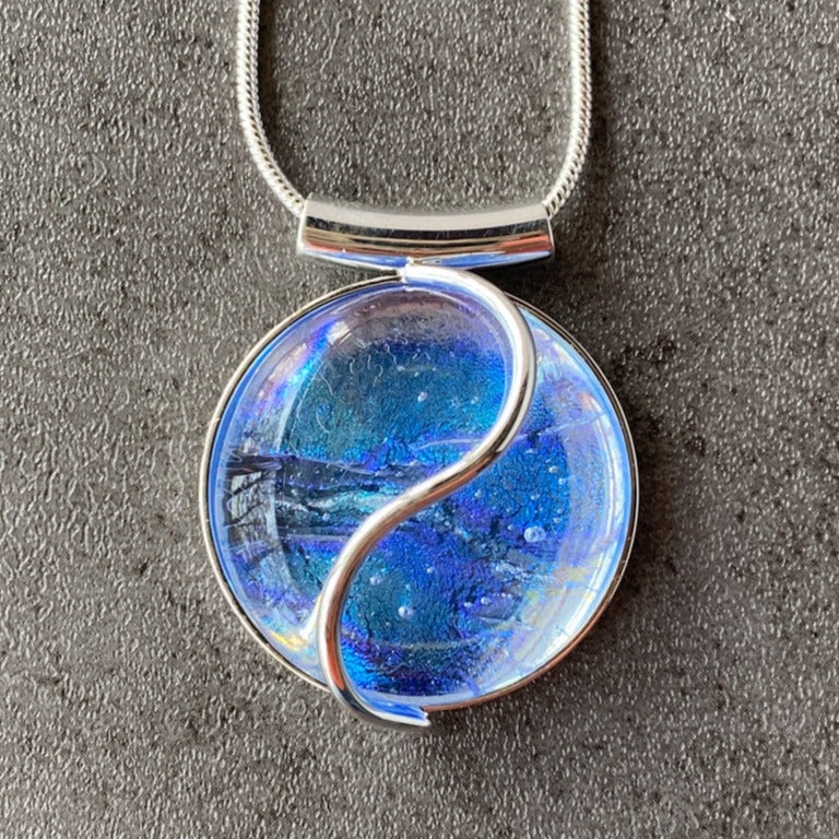 Aurora Wonder, Blue Dichroic Glass Necklace, Silver