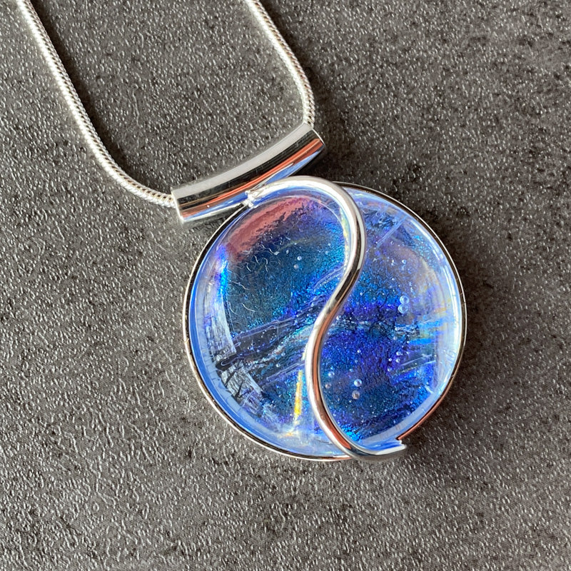 Aurora Wonder, Blue Dichroic Glass Necklace, Silver
