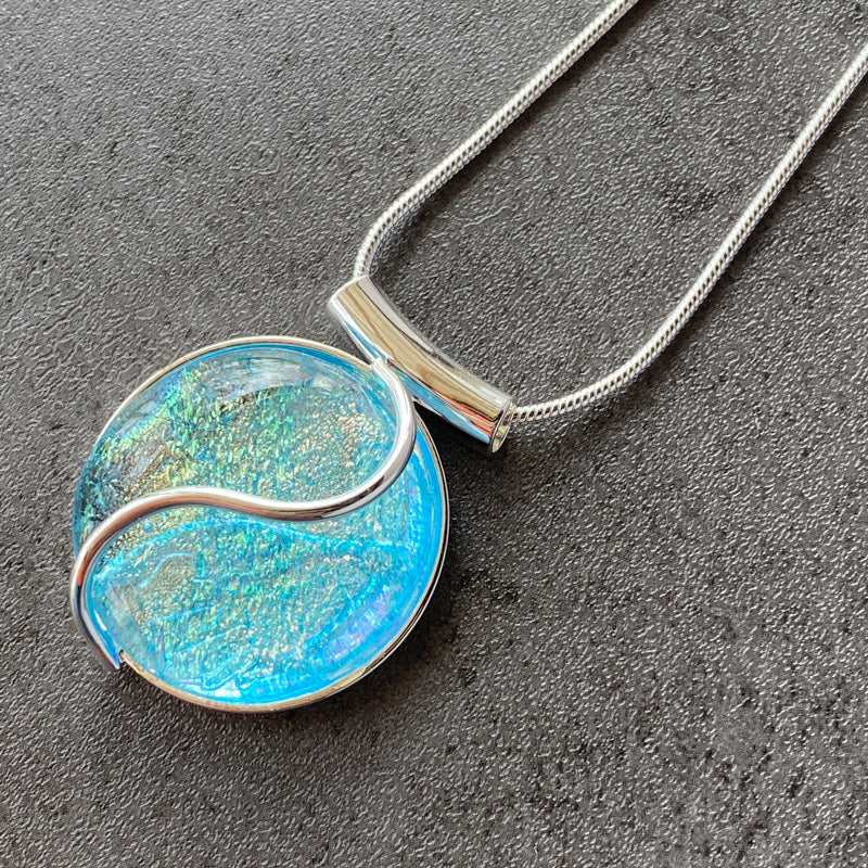 Cool Aqua, Aqua Blue Dichroic Glass Necklace, Silver