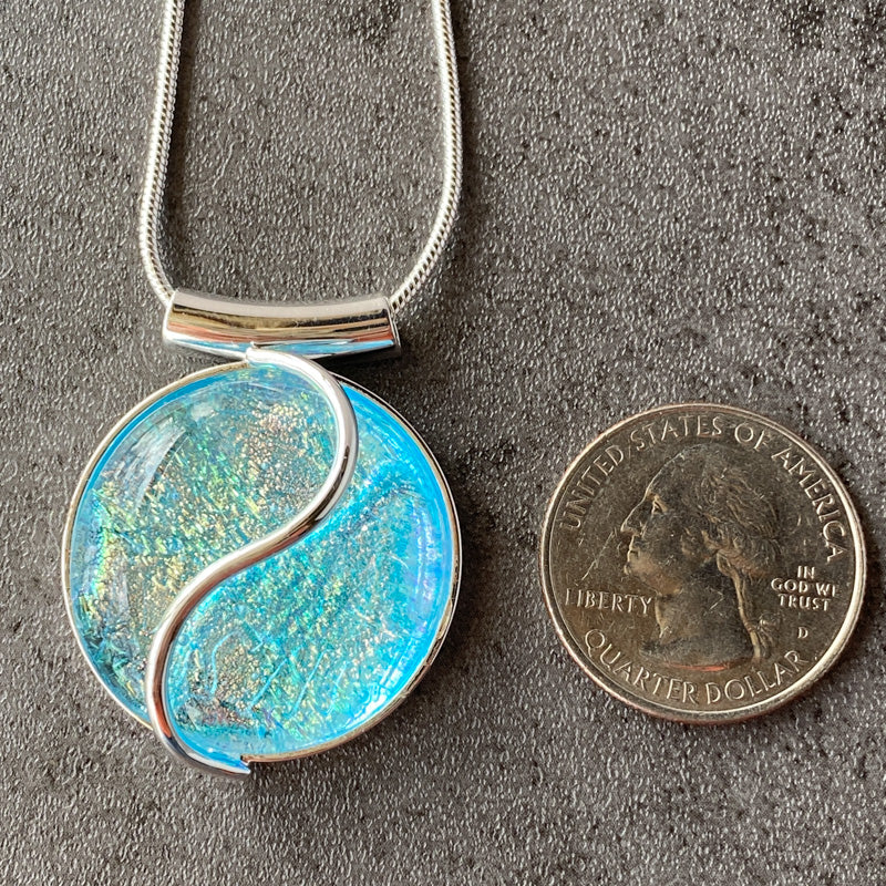 Cool Aqua, Aqua Blue Dichroic Glass Necklace, Silver