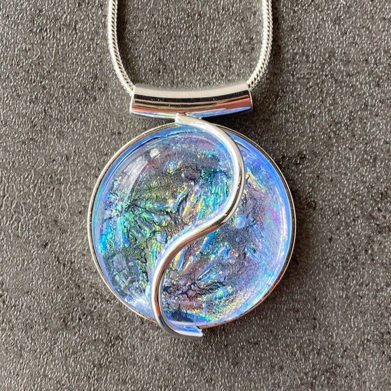 Cloudburst, Aqua Blue Dichroic Glass Necklace, Silver