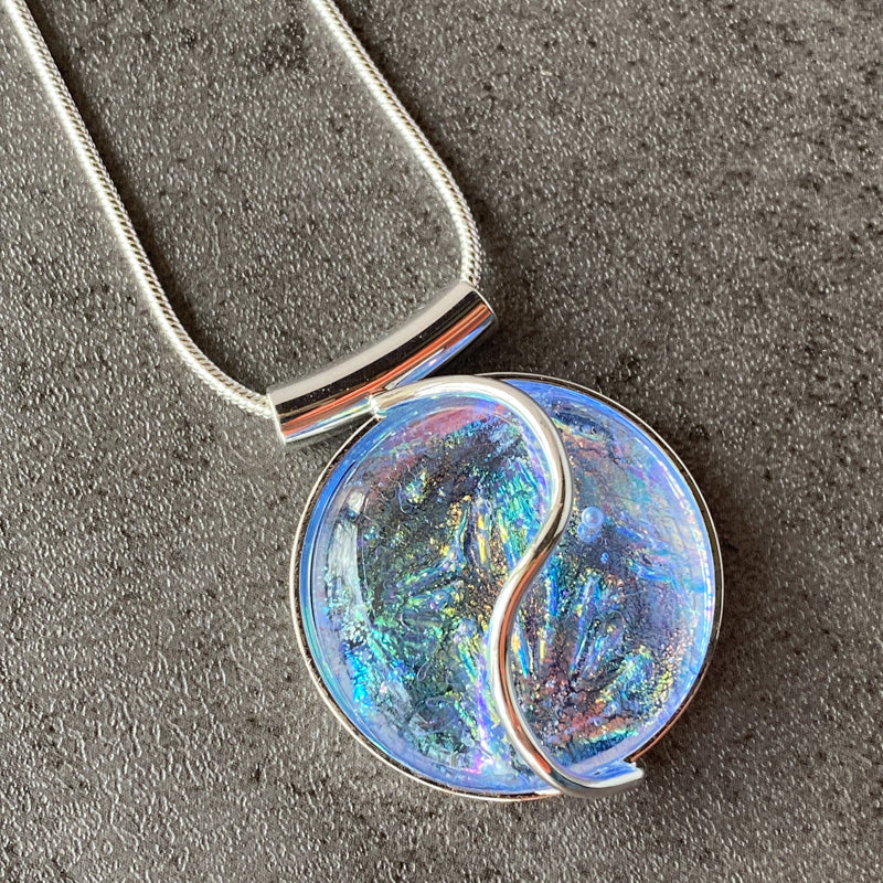 Cloudburst, Aqua Blue Dichroic Glass Necklace, Silver