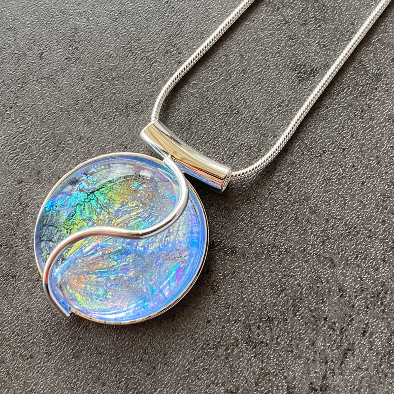 Cloudburst, Aqua Blue Dichroic Glass Necklace, Silver