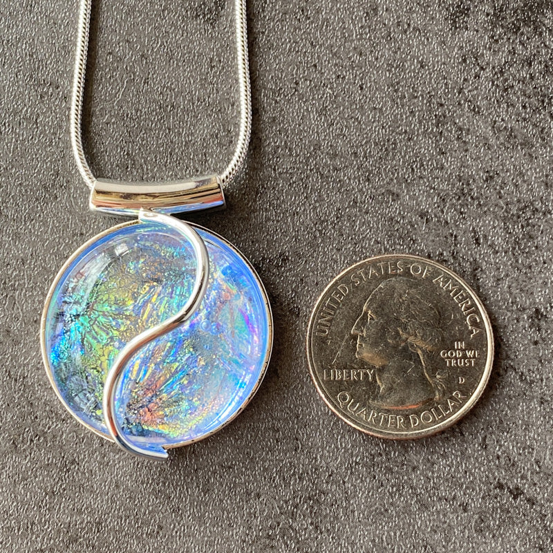 Cloudburst, Aqua Blue Dichroic Glass Necklace, Silver