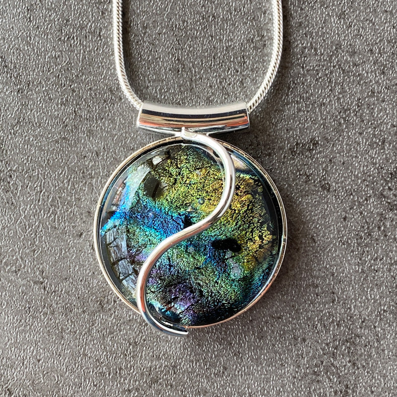 Enchanted Woods, Green and Black Dichroic Glass Necklace, Silver