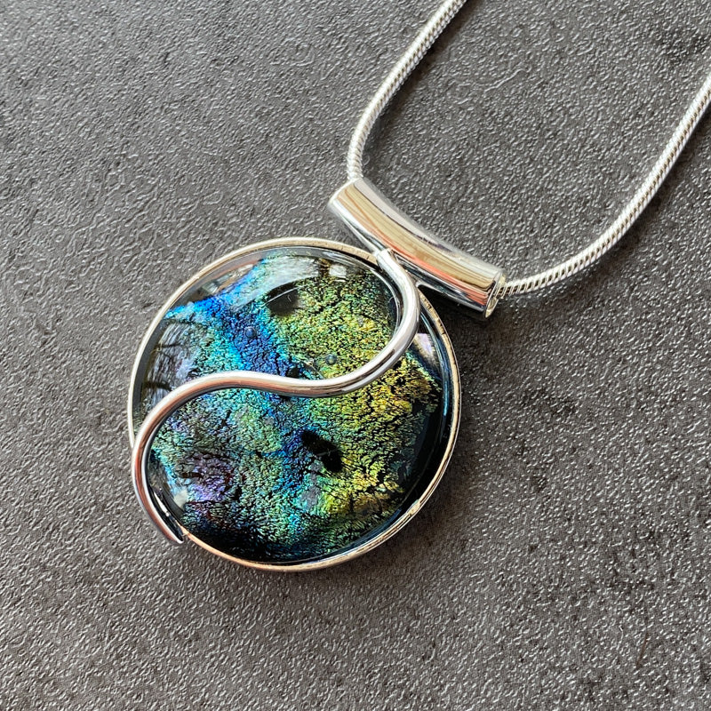 Enchanted Woods, Green and Black Dichroic Glass Necklace, Silver