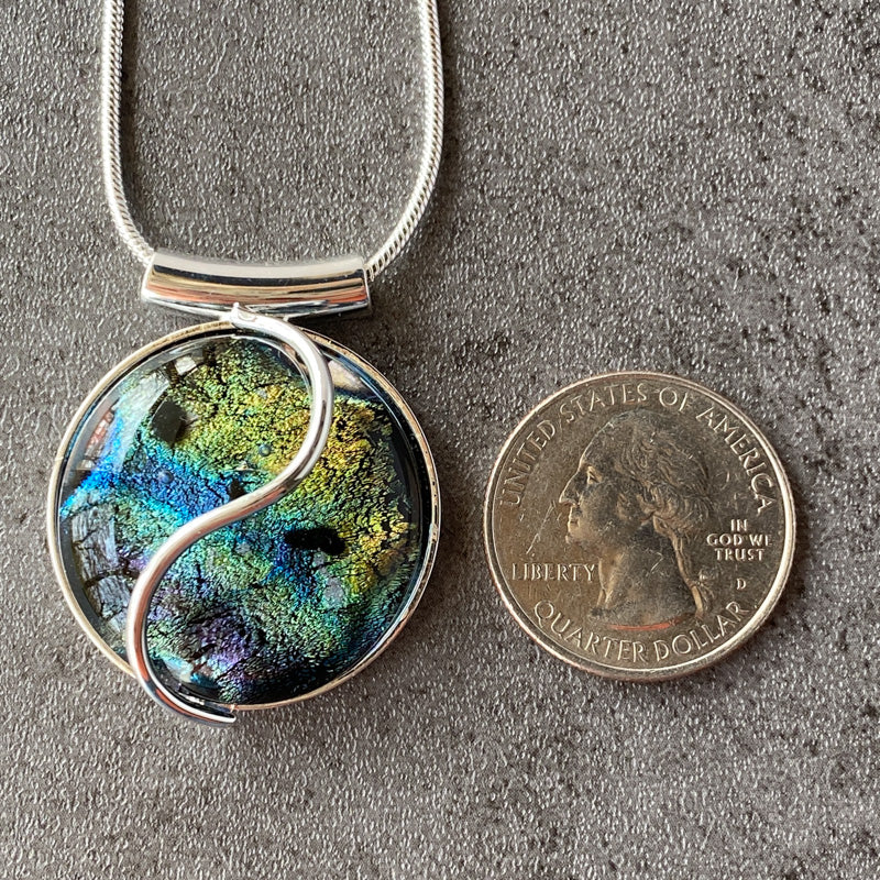 Enchanted Woods, Green and Black Dichroic Glass Necklace, Silver