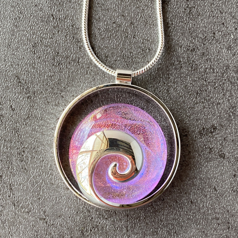 Prima Ballerina, Pink Dichroic Glass Necklace, Silver