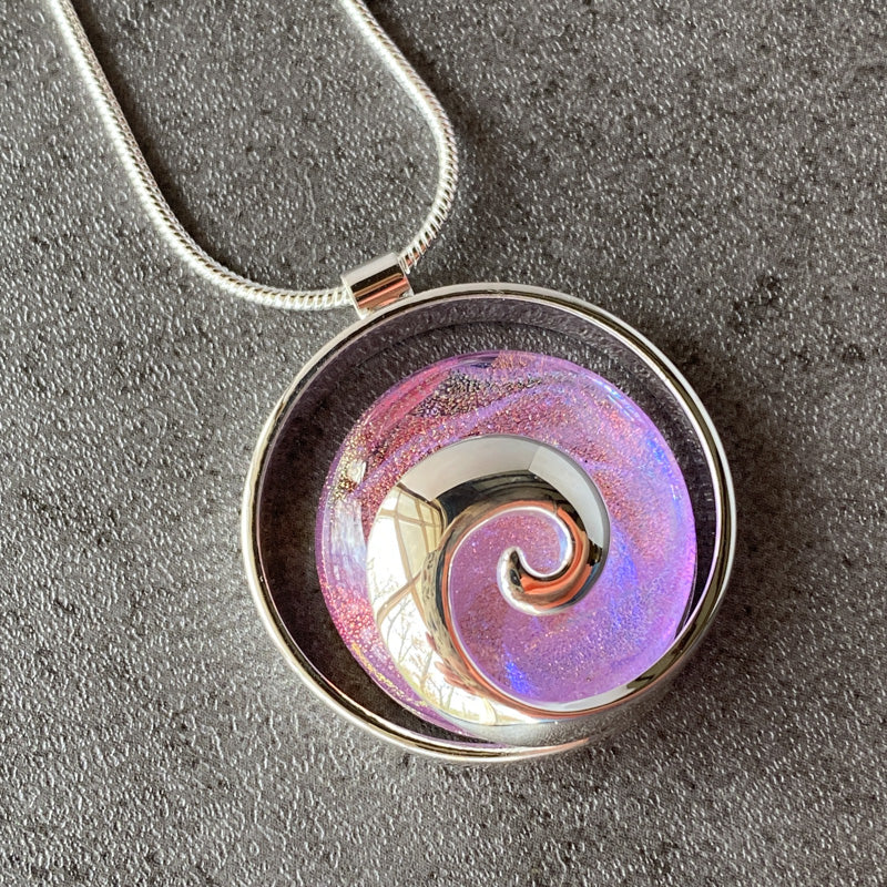 Prima Ballerina, Pink Dichroic Glass Necklace, Silver