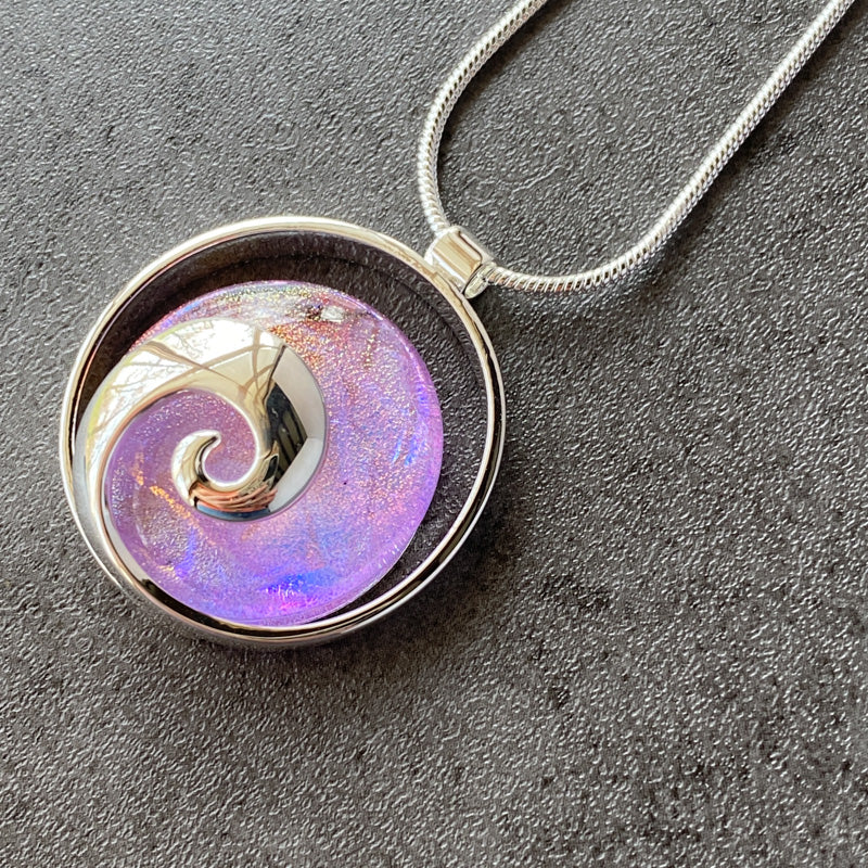 Prima Ballerina, Pink Dichroic Glass Necklace, Silver