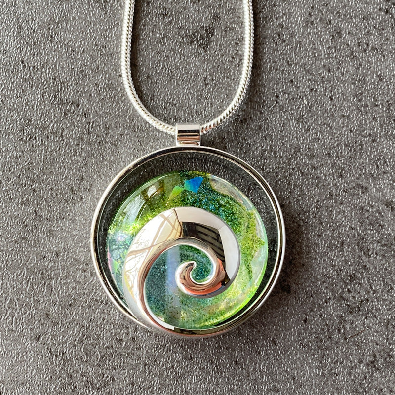 A Far Green Country, Green Dichroic Glass Necklace, Silver