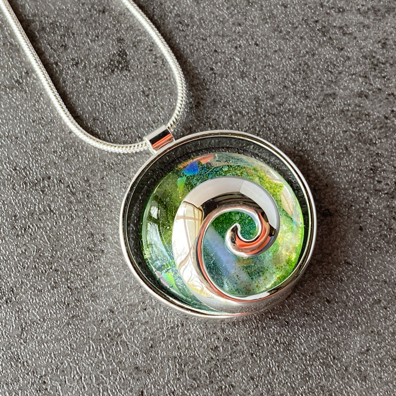 A Far Green Country, Green Dichroic Glass Necklace, Silver