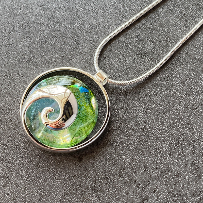 A Far Green Country, Green Dichroic Glass Necklace, Silver