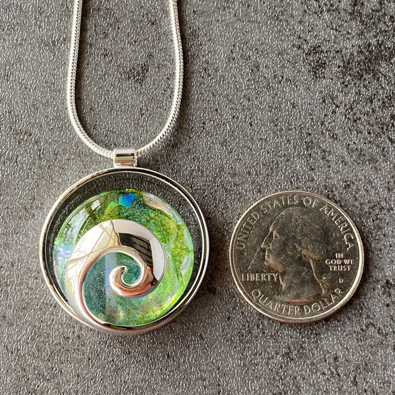 A Far Green Country, Green Dichroic Glass Necklace, Silver