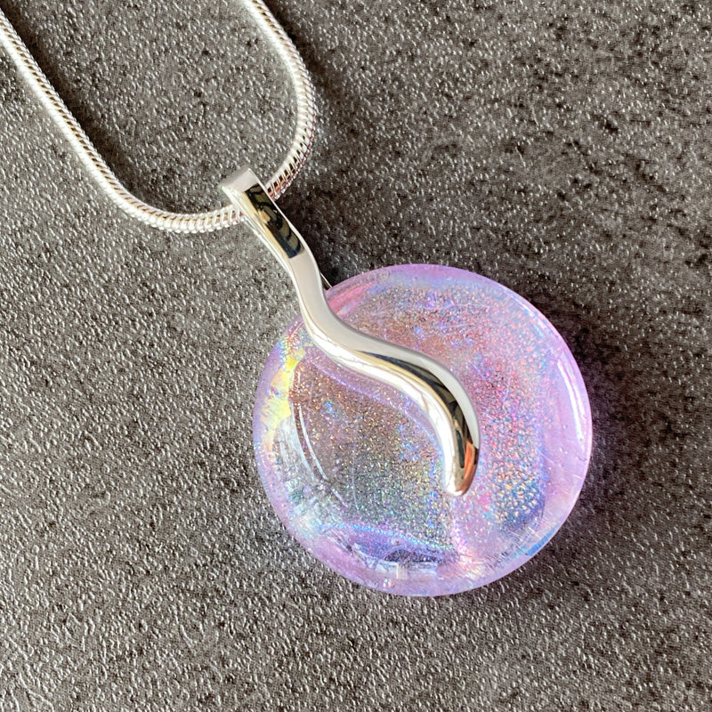 Opening Night, Pink and Lavender Dichroic Glass Necklace, Silver