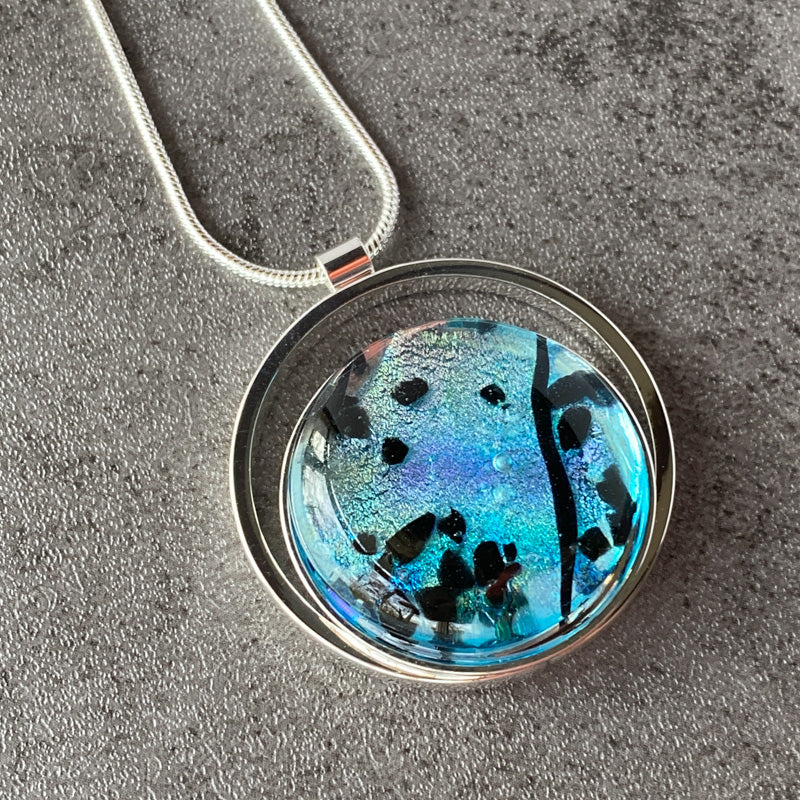 Mystical Ocean, Blue and Black Dichroic Glass Necklace, Silver