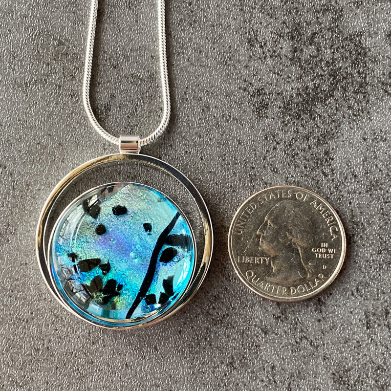 Mystical Ocean, Blue and Black Dichroic Glass Necklace, Silver