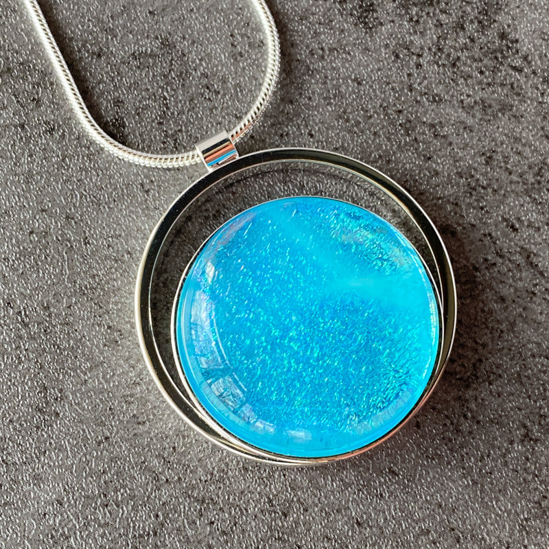 Tropical Mist, Blue Dichroic Glass Necklace, Silver