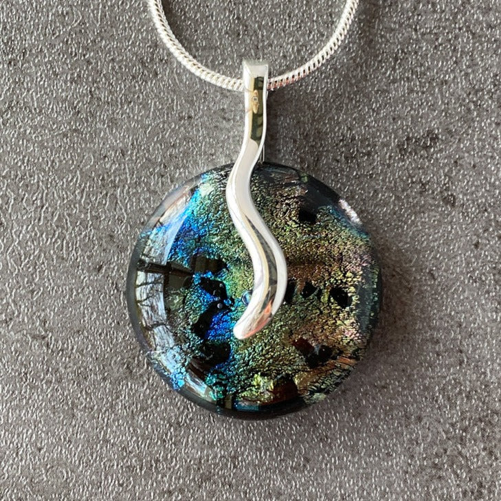 Forest Path, Multi-Color Dichroic Glass Necklace, Silver