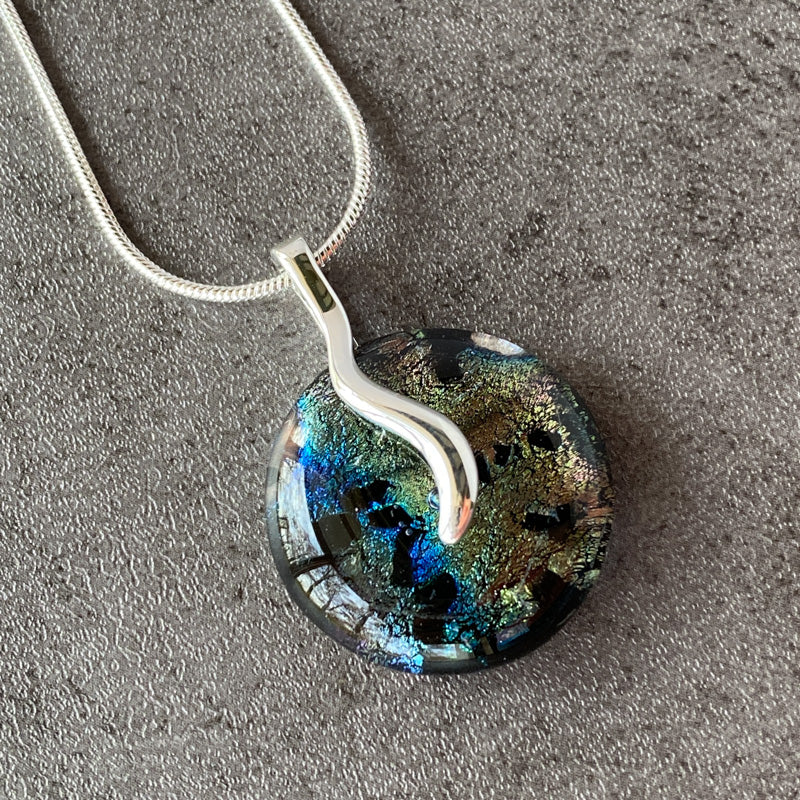 Forest Path, Multi-Color Dichroic Glass Necklace, Silver