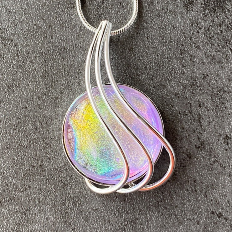 A Swift Sunrise, Pink And Yellow Dichroic Glass Necklace, Silver