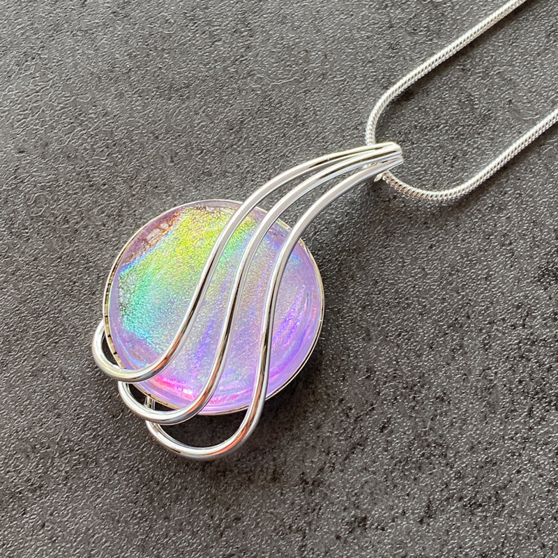 A Swift Sunrise, Pink And Yellow Dichroic Glass Necklace, Silver